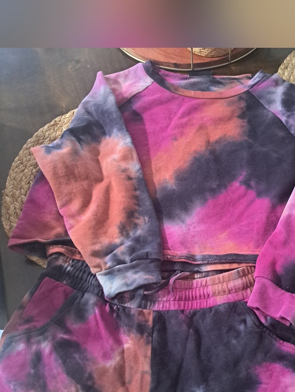 Vici Womens Tie-Dye Sweatshirtand Shorts in Purple, Orange & Black